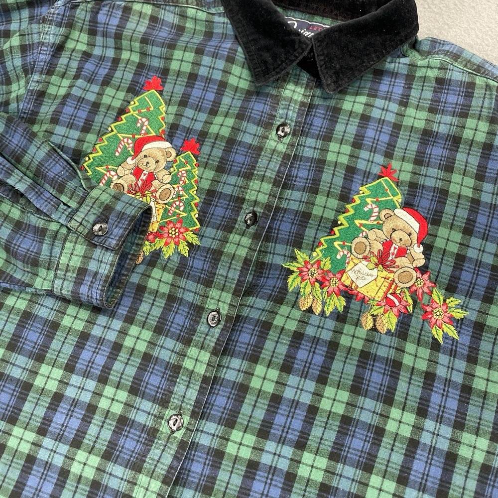 Vtg Plaid Teddy Christmas Embroidered Sz Large‎ Long Sleeve Button Up Shirt Top